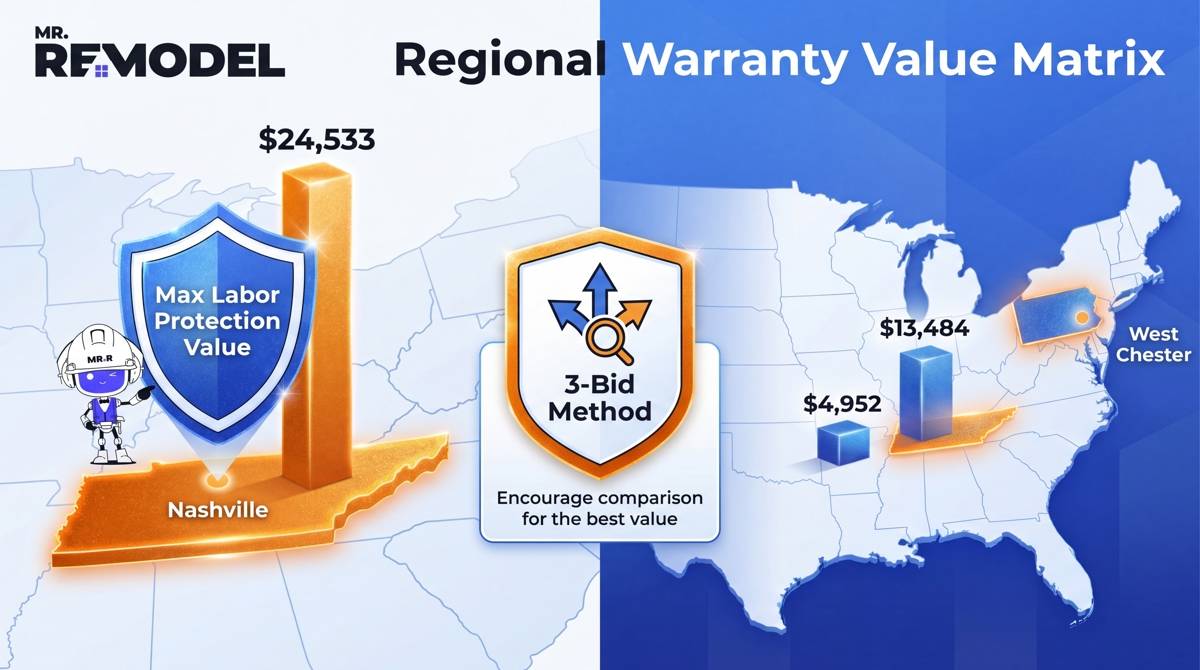 A 2026 visual table comparing roofing costs in Nashville ($24,533) and West Chester, PA ($4,952 - $13,484) to illustrate how high-cost markets increase the financial value of a labor warranty.